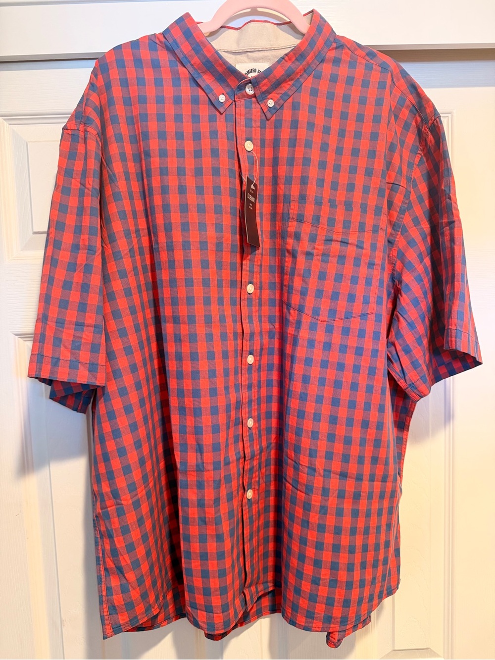 Men's Short-Sleeve Red & Blue Check Button-Down Shirt